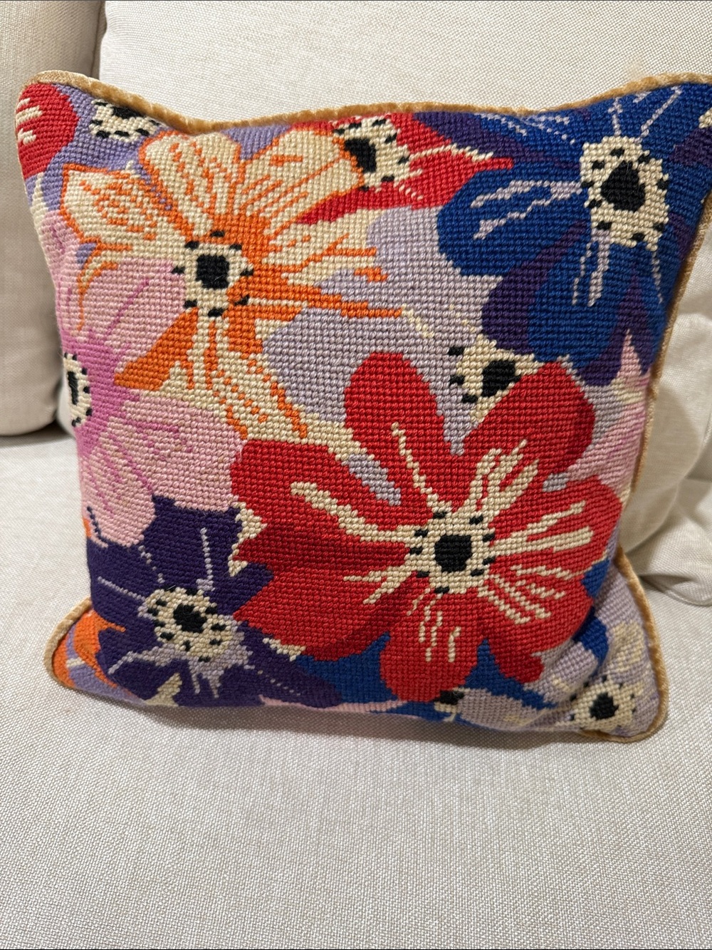 Floral Needlepoint Throw Pillow hand made stitch in Red, Blue & Orange vintage